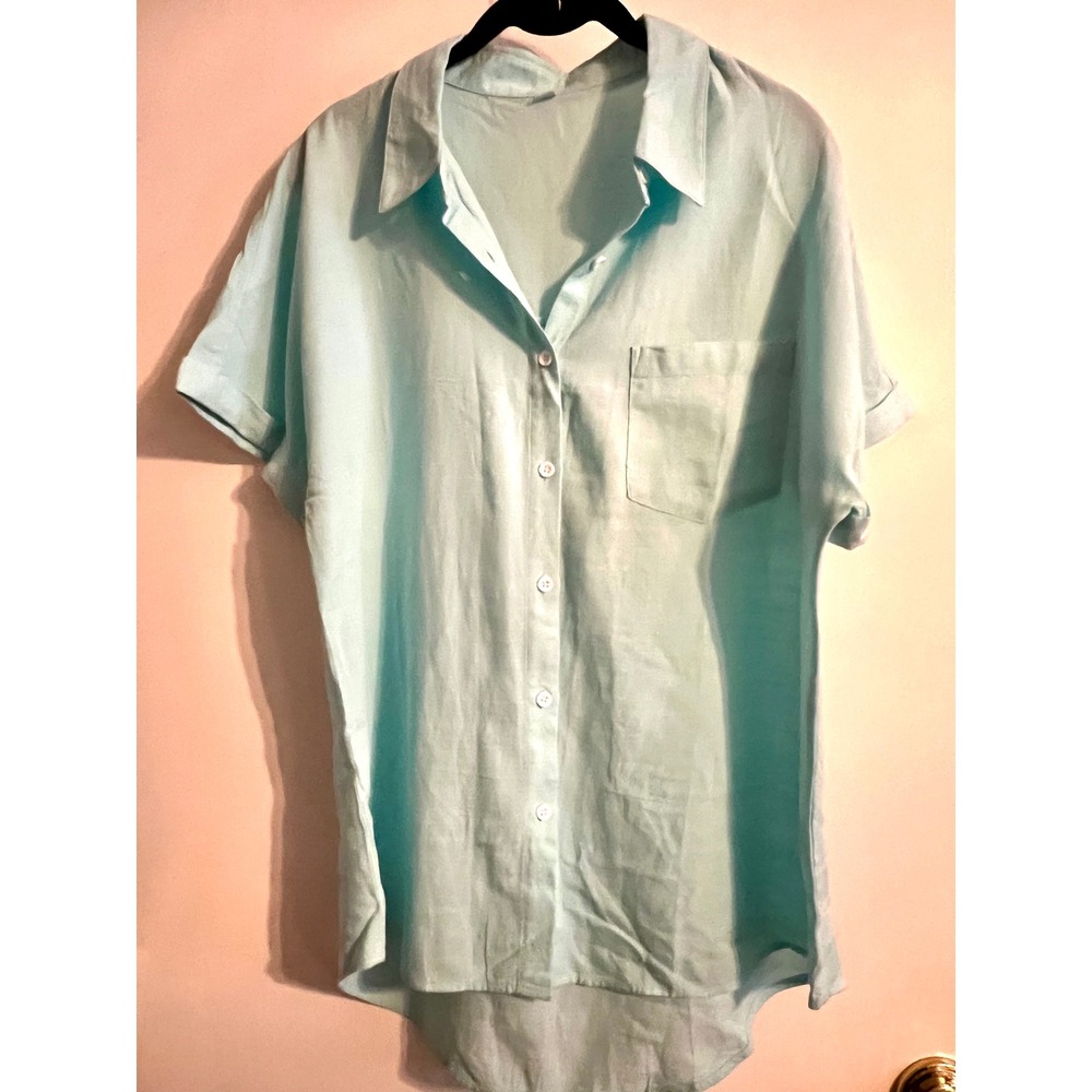 Women's Mint Green 100% Cotton Button Down Shirt Relaxed Oversized Coastal-M